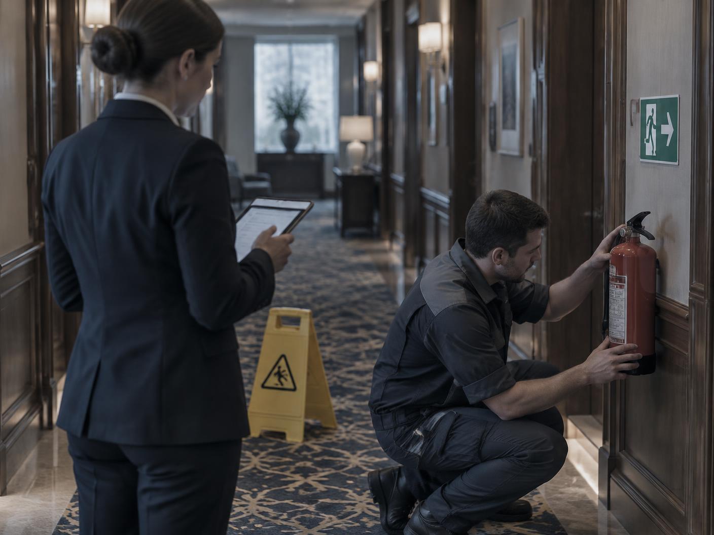 A manager and technician carrying out a fire safety check in a hotel corridor
